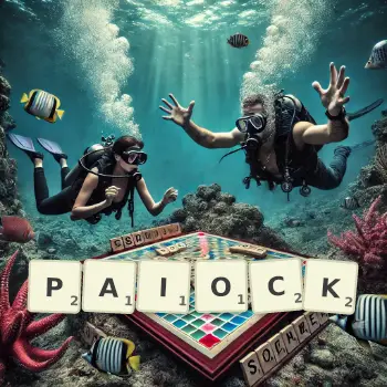 Creative illustration for a Scrabble game with the word PAIOCK spelled out in tiles on the board.