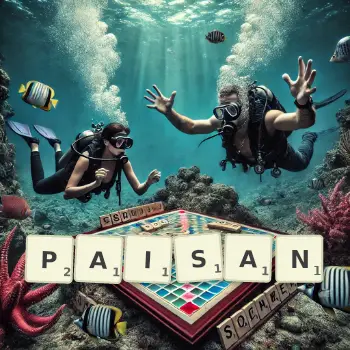 Creative illustration for a Scrabble game with the word PAISAN spelled out in tiles on the board.