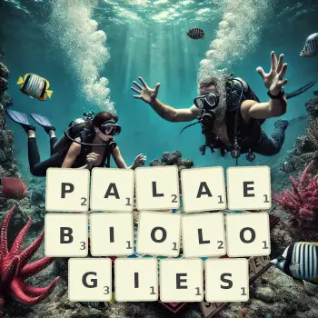 Creative illustration for a Scrabble game with the word PALAEBIOLOGIES spelled out in tiles on the board.
