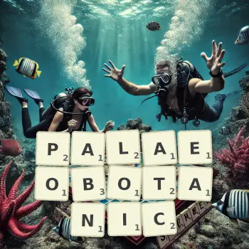 Creative illustration for a Scrabble game with the word PALAEOBOTANIC spelled out in tiles on the board.