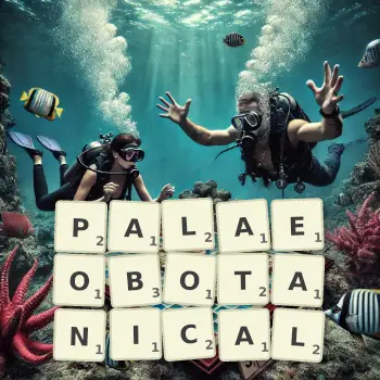 Creative illustration for a Scrabble game with the word PALAEOBOTANICAL spelled out in tiles on the board.