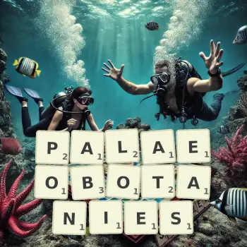 Creative illustration for a Scrabble game with the word PALAEOBOTANIES spelled out in tiles on the board.