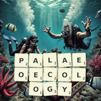 Creative illustration for a Scrabble game with the word PALAEOECOLOGY spelled out in tiles on the board.