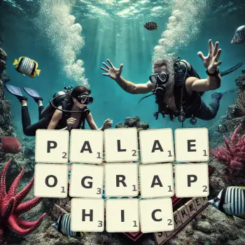 Creative illustration for a Scrabble game with the word PALAEOGRAPHIC spelled out in tiles on the board.