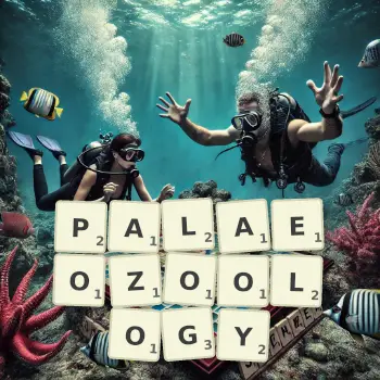 Creative illustration for a Scrabble game with the word PALAEOZOOLOGY spelled out in tiles on the board.