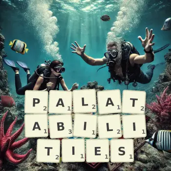 Creative illustration for a Scrabble game with the word PALATABILITIES spelled out in tiles on the board.