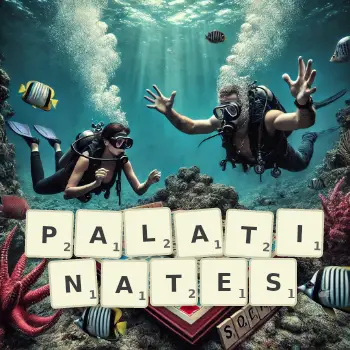 Creative illustration for a Scrabble game with the word PALATINATES spelled out in tiles on the board.