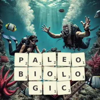 Creative illustration for a Scrabble game with the word PALEOBIOLOGIC spelled out in tiles on the board.