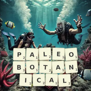 Creative illustration for a Scrabble game with the word PALEOBOTANICAL spelled out in tiles on the board.