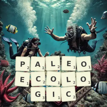 Creative illustration for a Scrabble game with the word PALEOECOLOGIC spelled out in tiles on the board.