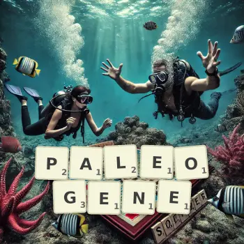 Creative illustration for a Scrabble game with the word PALEOGENE spelled out in tiles on the board.