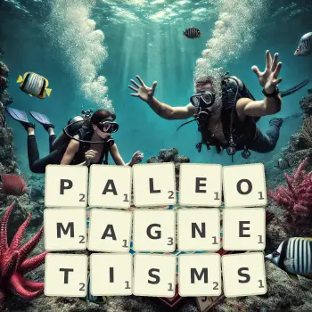 Creative illustration for a Scrabble game with the word PALEOMAGNETISMS spelled out in tiles on the board.