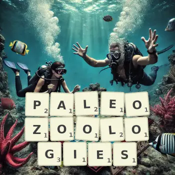 Creative illustration for a Scrabble game with the word PALEOZOOLOGIES spelled out in tiles on the board.