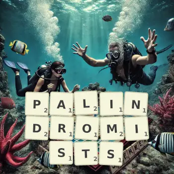 Creative illustration for a Scrabble game with the word PALINDROMISTS spelled out in tiles on the board.