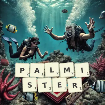 Creative illustration for a Scrabble game with the word PALMISTER spelled out in tiles on the board.