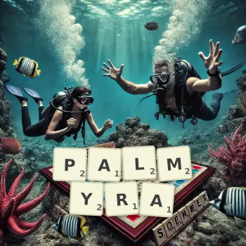 Creative illustration for a Scrabble game with the word PALMYRA spelled out in tiles on the board.