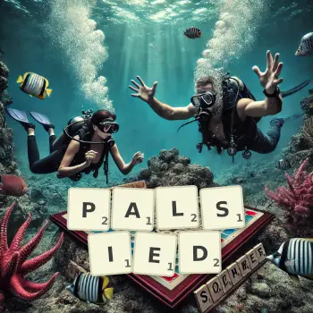 Creative illustration for a Scrabble game with the word PALSIED spelled out in tiles on the board.