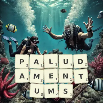Creative illustration for a Scrabble game with the word PALUDAMENTUMS spelled out in tiles on the board.