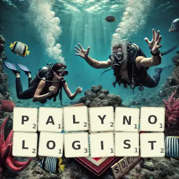 Creative illustration for a Scrabble game with the word PALYNOLOGIST spelled out in tiles on the board.