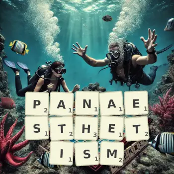 Creative illustration for a Scrabble game with the word PANAESTHETISM spelled out in tiles on the board.