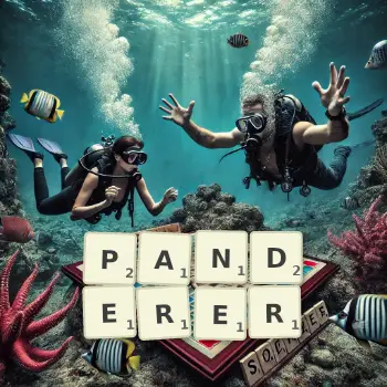 Creative illustration for a Scrabble game with the word PANDERER spelled out in tiles on the board.
