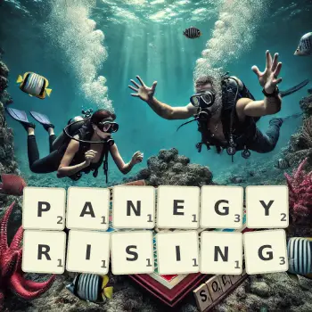 Creative illustration for a Scrabble game with the word PANEGYRISING spelled out in tiles on the board.
