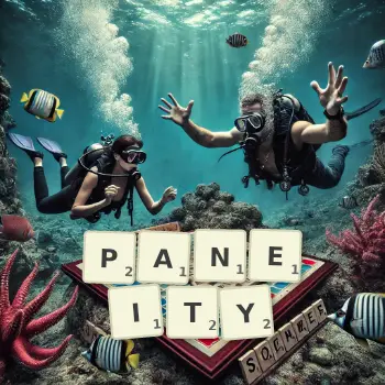 Creative illustration for a Scrabble game with the word PANEITY spelled out in tiles on the board.