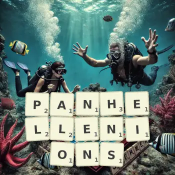 Creative illustration for a Scrabble game with the word PANHELLENIONS spelled out in tiles on the board.