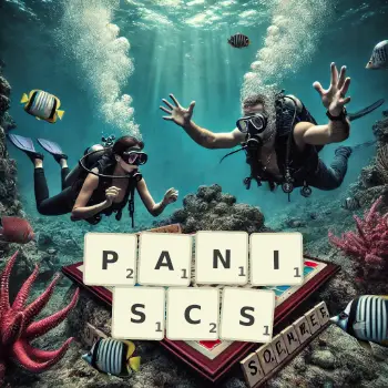Creative illustration for a Scrabble game with the word PANISCS spelled out in tiles on the board.