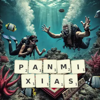 Creative illustration for a Scrabble game with the word PANMIXIAS spelled out in tiles on the board.