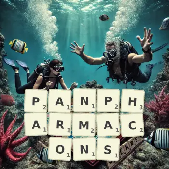 Creative illustration for a Scrabble game with the word PANPHARMACONS spelled out in tiles on the board.