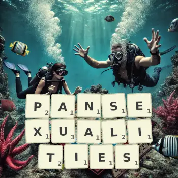 Creative illustration for a Scrabble game with the word PANSEXUALITIES spelled out in tiles on the board.