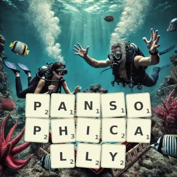 Creative illustration for a Scrabble game with the word PANSOPHICALLY spelled out in tiles on the board.