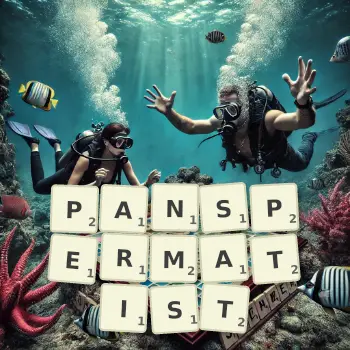 Creative illustration for a Scrabble game with the word PANSPERMATIST spelled out in tiles on the board.