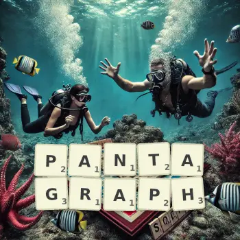 Creative illustration for a Scrabble game with the word PANTAGRAPH spelled out in tiles on the board.