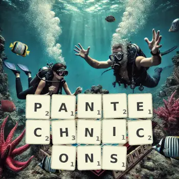 Creative illustration for a Scrabble game with the word PANTECHNICONS spelled out in tiles on the board.