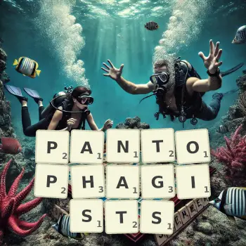 Creative illustration for a Scrabble game with the word PANTOPHAGISTS spelled out in tiles on the board.