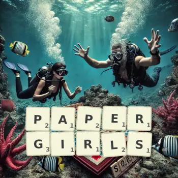 Creative illustration for a Scrabble game with the word PAPERGIRLS spelled out in tiles on the board.