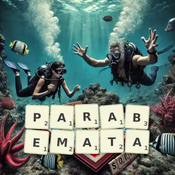 Creative illustration for a Scrabble game with the word PARABEMATA spelled out in tiles on the board.