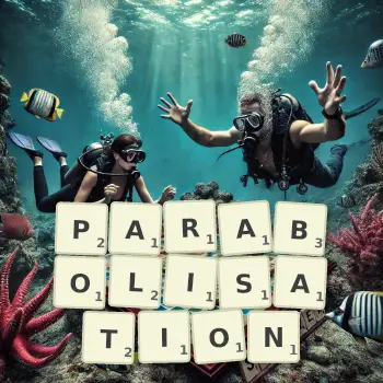 Creative illustration for a Scrabble game with the word PARABOLISATION spelled out in tiles on the board.