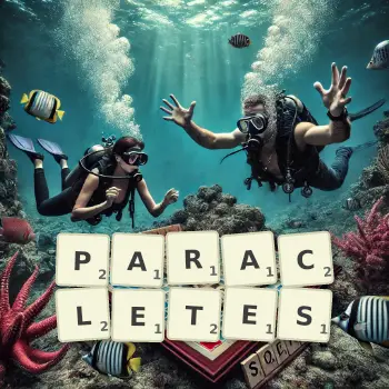 Creative illustration for a Scrabble game with the word PARACLETES spelled out in tiles on the board.