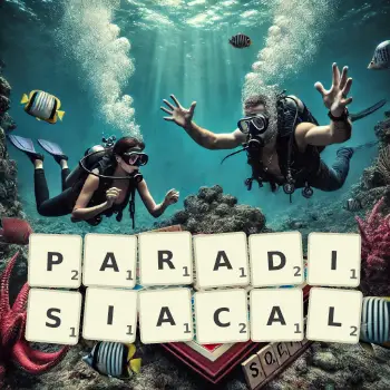 Creative illustration for a Scrabble game with the word PARADISIACAL spelled out in tiles on the board.