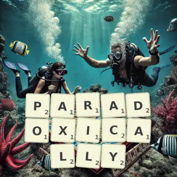 Creative illustration for a Scrabble game with the word PARADOXICALLY spelled out in tiles on the board.