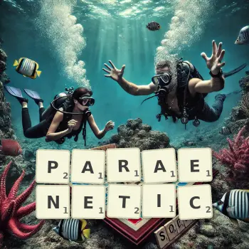 Creative illustration for a Scrabble game with the word PARAENETIC spelled out in tiles on the board.