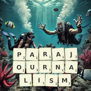 Creative illustration for a Scrabble game with the word PARAJOURNALISM spelled out in tiles on the board.