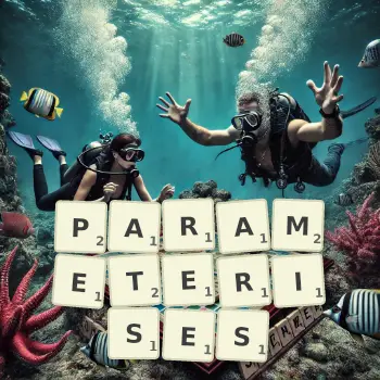 Creative illustration for a Scrabble game with the word PARAMETERISES spelled out in tiles on the board.