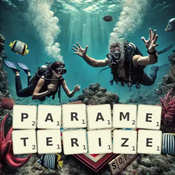 Creative illustration for a Scrabble game with the word PARAMETERIZE spelled out in tiles on the board.