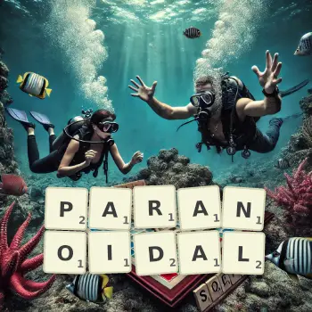 Creative illustration for a Scrabble game with the word PARANOIDAL spelled out in tiles on the board.