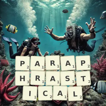 Creative illustration for a Scrabble game with the word PARAPHRASTICAL spelled out in tiles on the board.