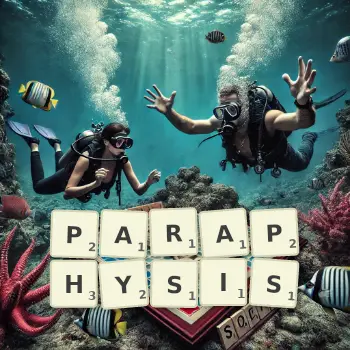 Creative illustration for a Scrabble game with the word PARAPHYSIS spelled out in tiles on the board.